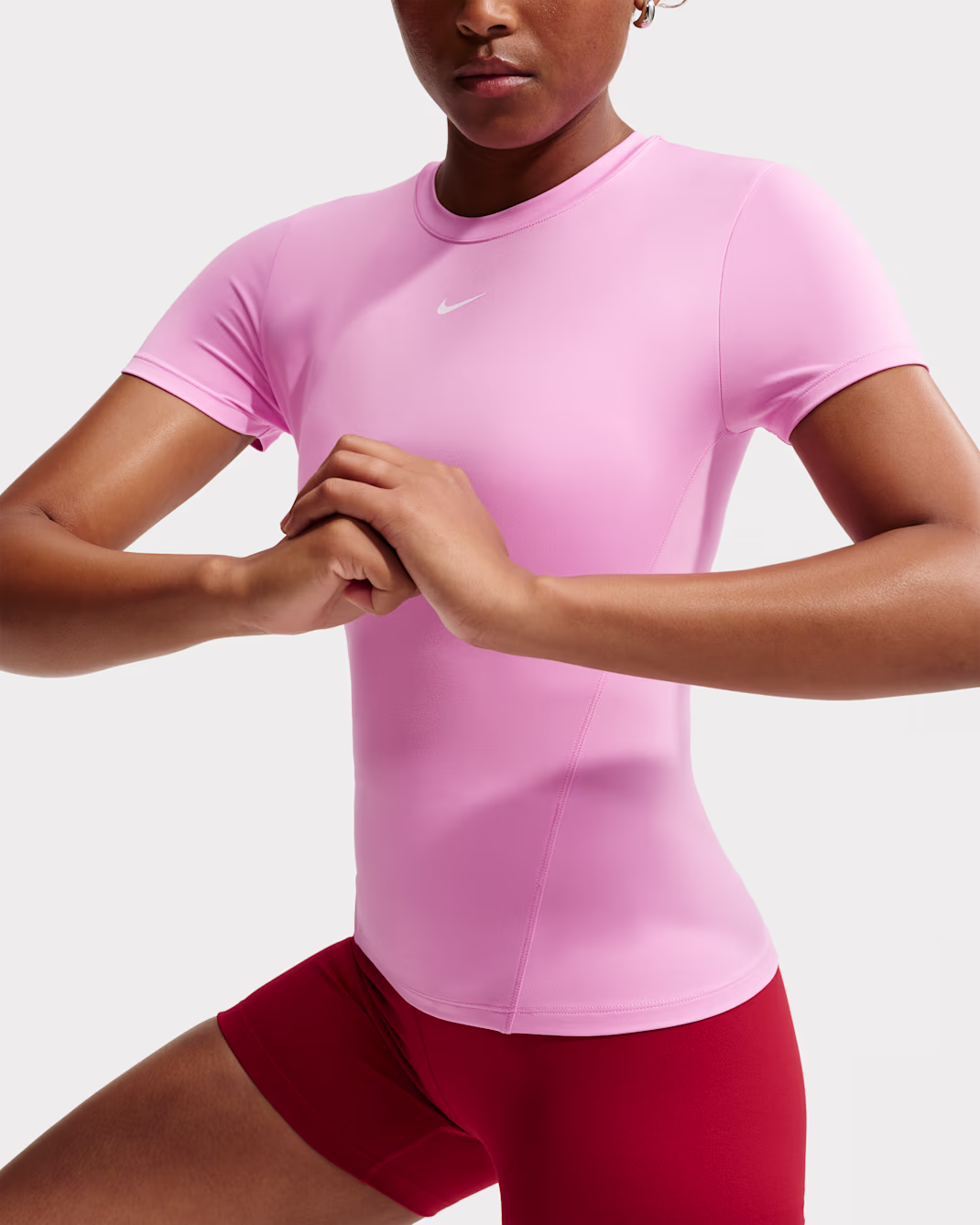 NIKE ONE WOMENS FITTED SHORT SLEEVED TOP PINK BLEIKUR - Image 3